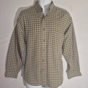 Van Heusen button front dress shirt, Green-Gold-Tan checkered design in size Med